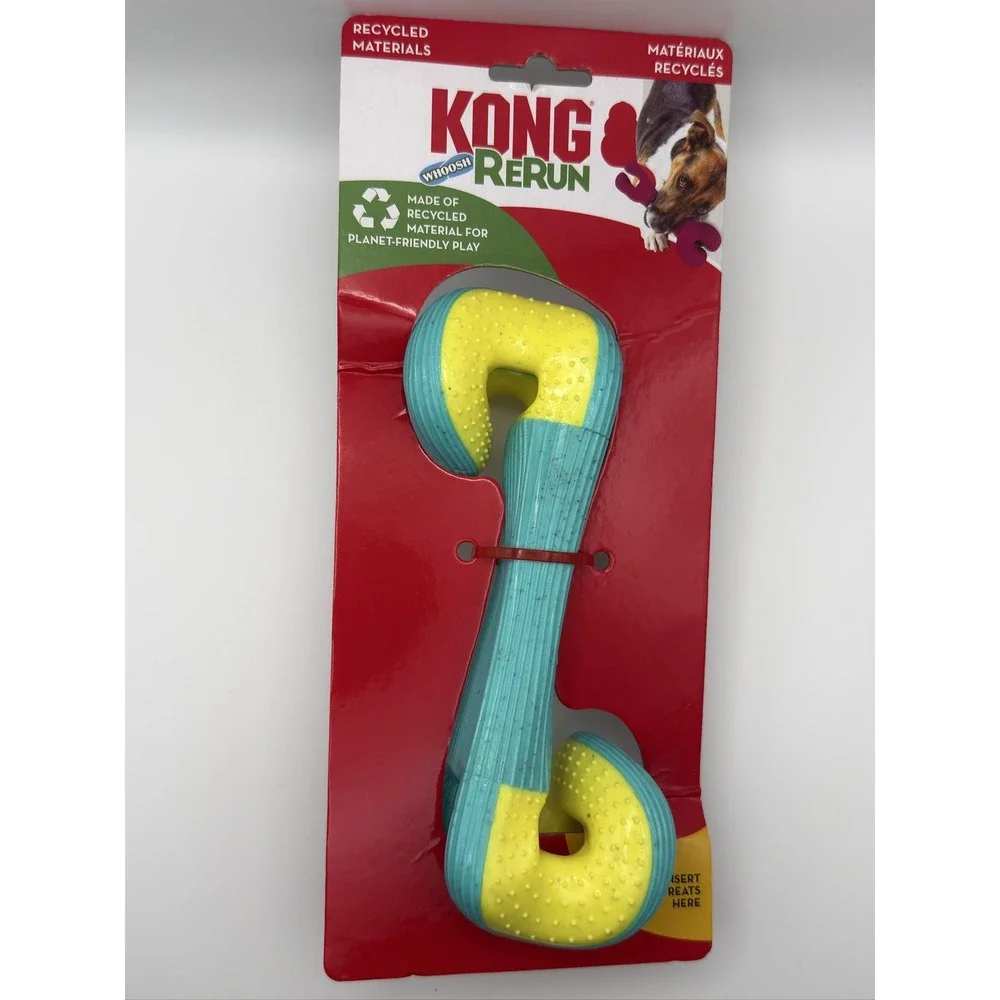 KONG Rerun Whoosh Bone Dog Toy M/L Treat Holding Fetch Teal Yellow PRW12